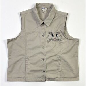 Las Olas Sleeveless Shirt Women's 2X Cat Vintage Embroidered Vest Beige Button